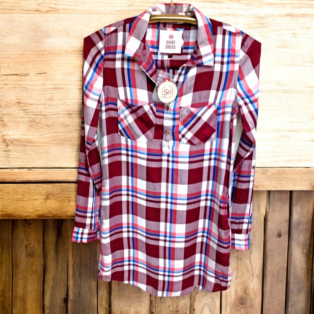 So Maroon Plaid Rayon Roll Tab Sleeve‎ Shirt Dress